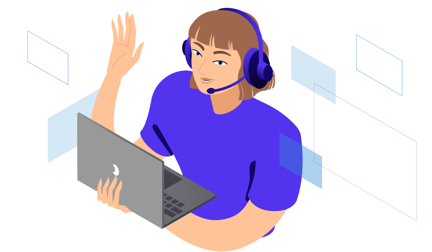 Illustrated support specialist with a headset and tablet