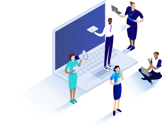 Illustrated team collaborating around a laptop