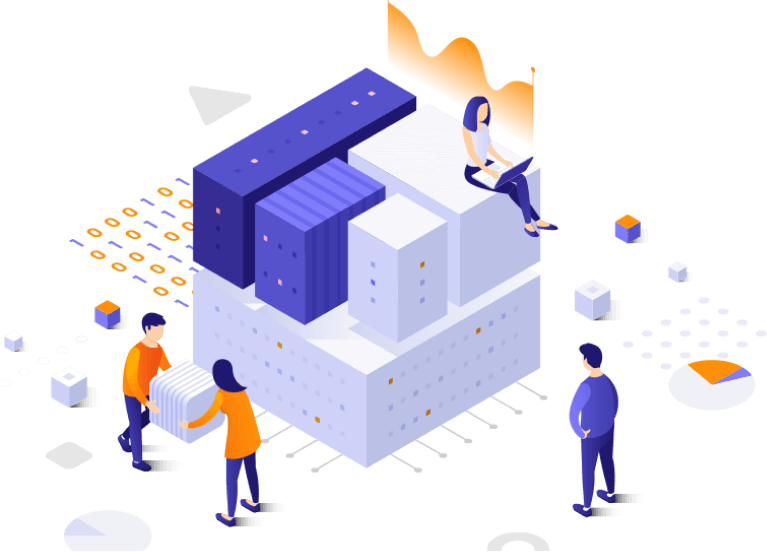 People working with connected servers and business data